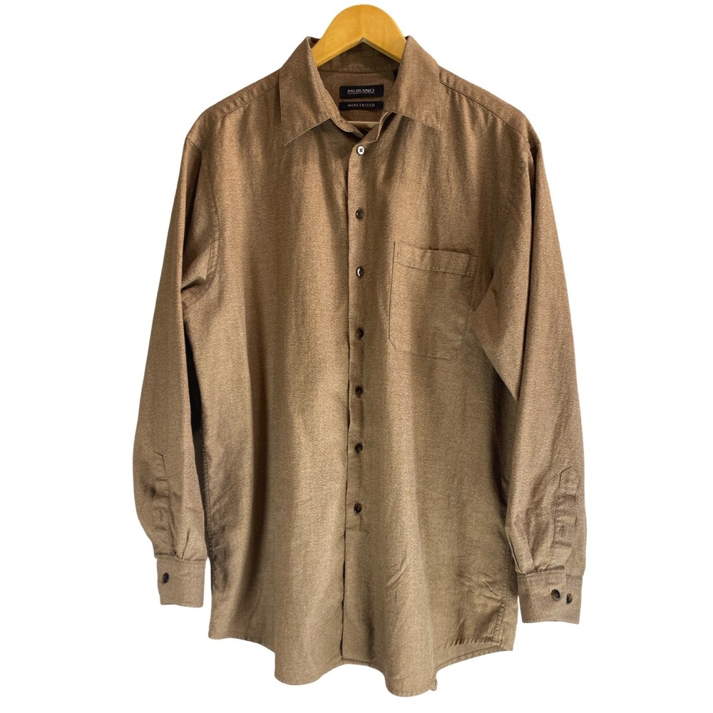 Men's Murano Mercerized Cotton Button Down Shirt Large Brown Long Sleeve Classic